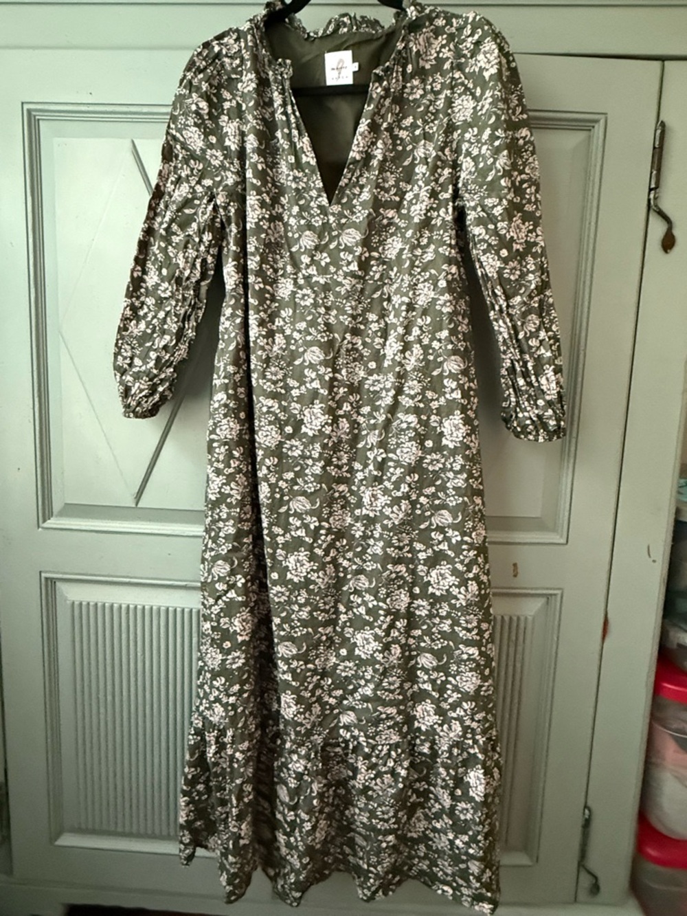 The Nines hy Hatch Maternity  Midi Dress in Olive Green with pale pink floral - Picture 3 of 6